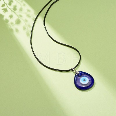 Blue Lampwork Evil Eye Pendant Necklace with Waxed Cord for Women NJEW-JN03955-01-1