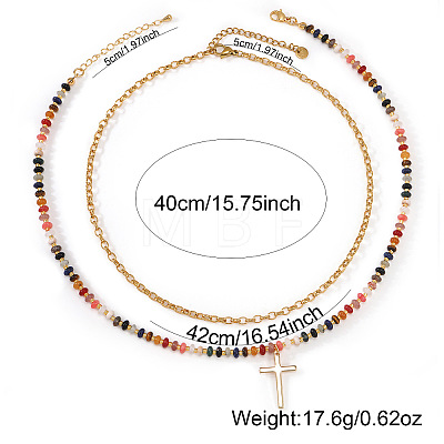 Natural Mixed Stone and Glass Beaded Stainless Steel Cross Pendant Double Layer Necklaces for Women GY4764-1-1
