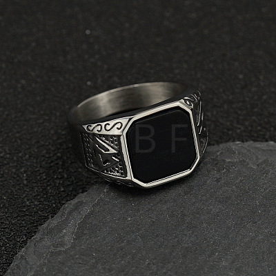 304 Stainless Steel with Natural Black Agate Finger Rings FS-WG06E27-22-1