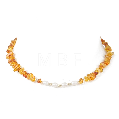 Natural Pearl Rice and Natural Amber Chip Beaded Necklaces NJEW-JN05883-1