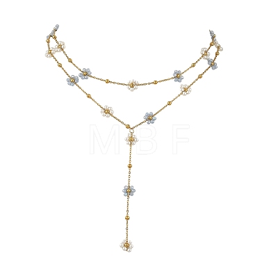 304 Stainless Steel Glass Flower Link Chain Double Layer Y Necklaces NJEW-JN06669-1
