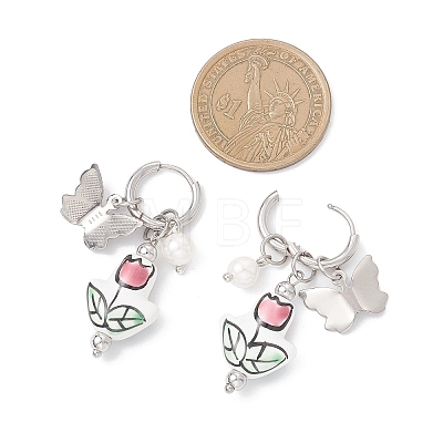Flower with Butterfly 304 Stainless Steel Hoop Earrings EJEW-JE06749-01-1