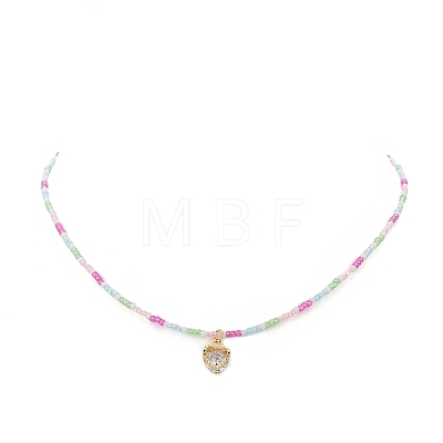 Alloy Cubic Zirconia Heart Pendant Necklace with Glass Seed Beaded Chains for Women NJEW-JN04291-1