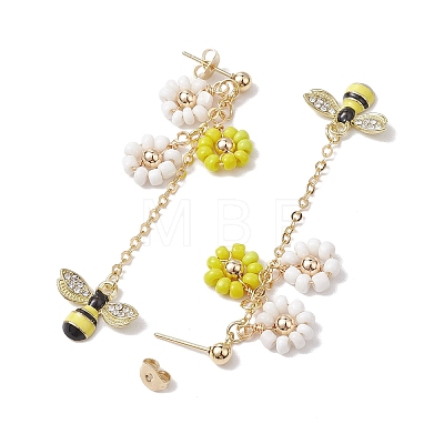 Spring Flower & Bees Alloy Enamel Dangle Stud Earrings EJEW-TA00498-1