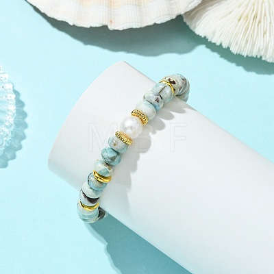 Natural Larimar & Cultured Freshwater Pearl Beaded Stretch Bracelets for Women BJEW-JB14101-1
