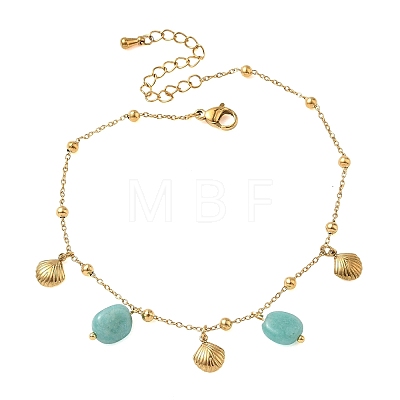 Summer Beach 304 Stainless Steel Shell Shape and Blue Synthetic Gemstone Charm Anklets for Women AJEW-K054-03G-1