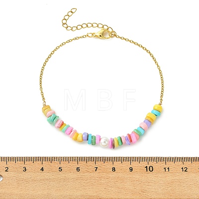 Natural Dyed Freshwater Shell Nuggets Beaded 304 Stainless Steel Cable Chain Anklets for Women AJEW-AN00827-03-1