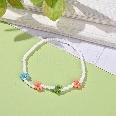 Handmade Daisy Flower Baking Paint & Dyed Glass Seed Beaded Stretch Bracelets BJEW-JB07668-02-1