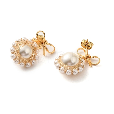 Shell Pearl with Brass Dangle Stud Earrings for Women EJEW-TA00574-1