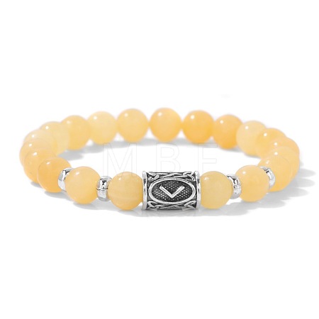 Alloy Nordic Viking Runes 8MM Natural Yellow Jade Round Beaded Stretch Bracelets KW3210-17-1