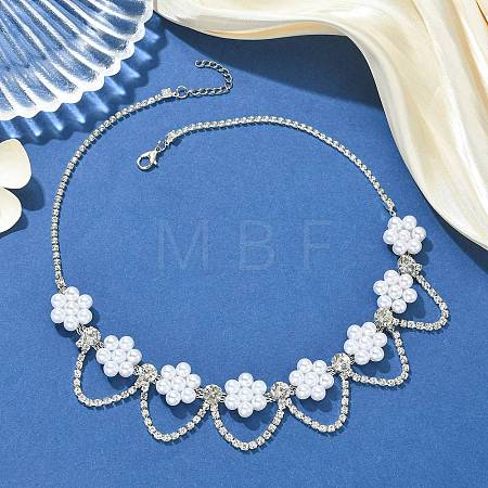 Plastic Pearl Beaded Flower Tassel Iron Crystal Rhinestone Tennis Bib Necklaces for Women NJEW-JN06129-1