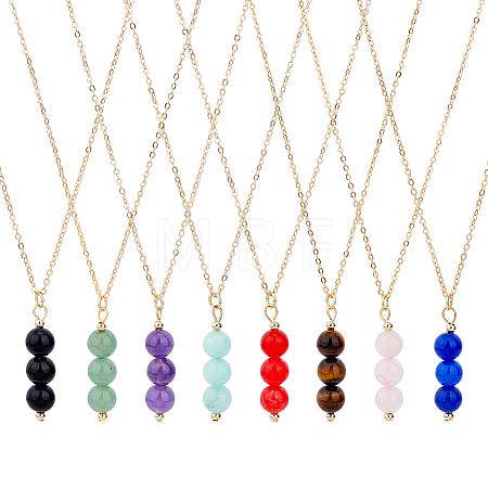 8Pcs 8 Style Natural Mixed Gemstone Round Beaded Pendant Necklaces Set with Iron Cable Chains NJEW-AB00025-1