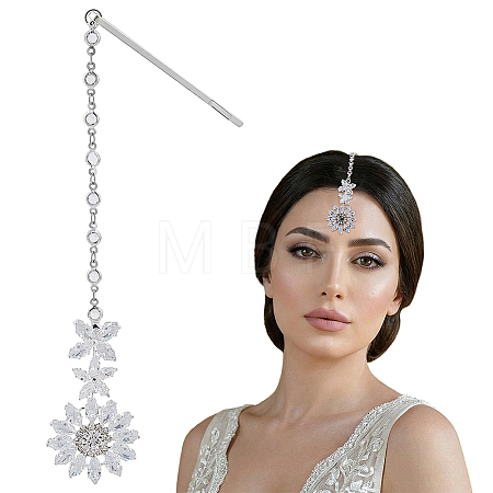 Brass Hair Bobby Pins with Crystal Rhinestone Flower Indian Forehead Chains AJEW-WH0696-874-1