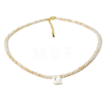 Natural White Shell Letter Faceted Glass Beaded Necklaces with 304 Stainless Steel End Chains SS7282-16-1