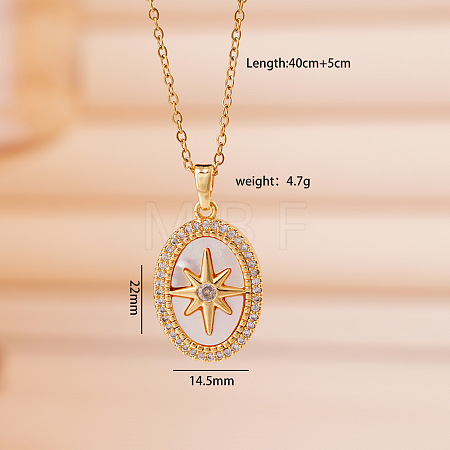 Brass Micro Pave Clear Cubic Zirconia with Natural White Shell Pendant 304 Stainless Steel Cable Chain Necklaces for Women WGAF233-05-1
