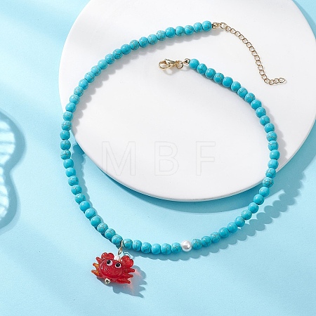 Summer Beach Handmade Lampwork Red Crab Pendant Synthetic Turquoise Round Beaded Nekclaces NJEW-JN05916-1