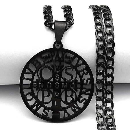 201 Stainless Steel Saint Benedict Medal Pendant Necklaces with Cuban Link Chains for Men FS-WG2A1DE-03-1