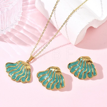 304 Stainless Steel Enamel Shell Shape Stud Earrings & Pendant Necklaces Sets for Women SA-CBA46AF-20G-1
