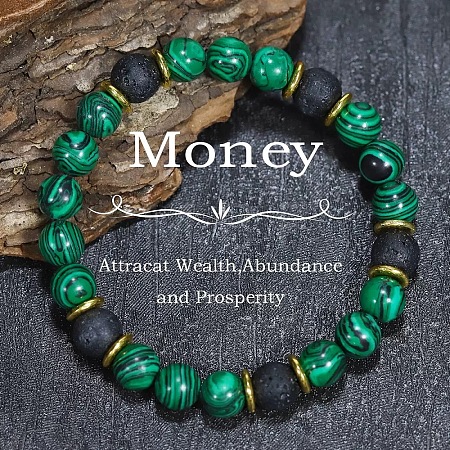 Synthetic Malachite & Natural Lava Rock Round Beads Stretch Bracelets for Women Men SU9412-1-1