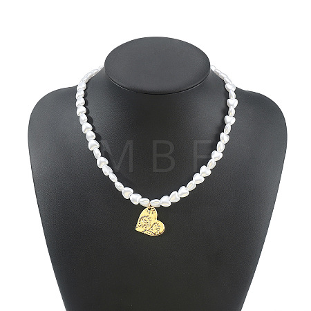Alloy Textured Pendant White Plastic Pearl Heart Beaded Necklaces WGD8EA0-02-1