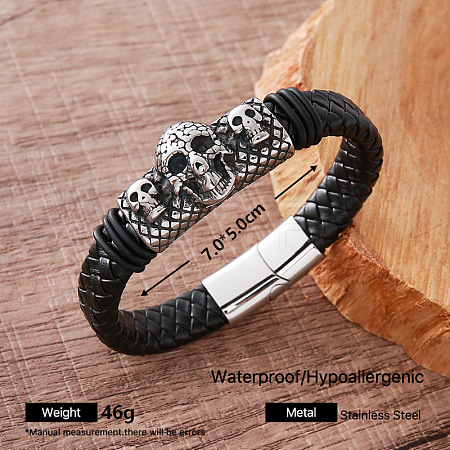 Vintage 304 Stainless Steel Men's Braided PU Leather Bracelets with Metal Magnetic Clasps LE2657-5-1