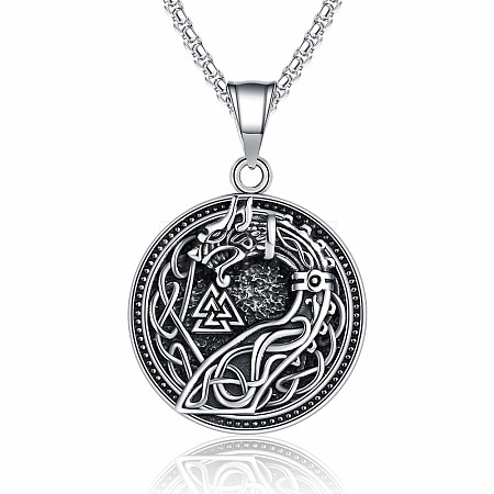 Vintage 304 Stainless Steel Viking Flat Round with Embossed Dragon Pendant Necklaces for Men WG12A6F-01-1