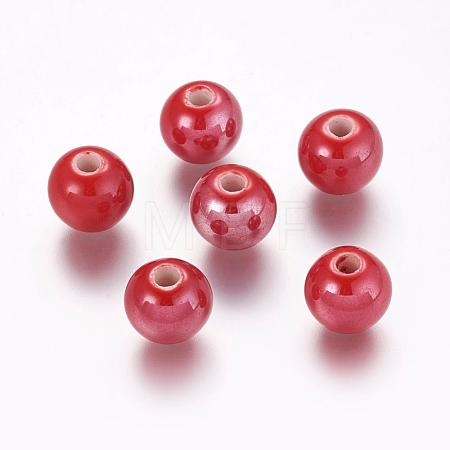 Pearlized Red Handmade Porcelain Round Beads X-PORC-D001-10mm-15-1