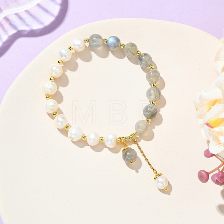 Round Natural Labradorite & Cultured Freshwater Pearl Beaded Charm Bracelets BJEW-JB14061-02-1