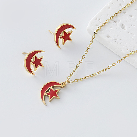 304 Stainless Steel Enamel Moon Star Pendant Necklace & Stud Earrings Set for Women FZ5218-6-1