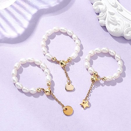 3Pcs 3 Styles Natural Cultured Freshwater Pearl Beaded Stretch Finger Rings RJEW-JR01010-1