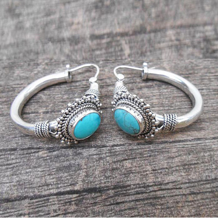 Bohemian Style Alloy Turquoise Oval Hoop Earrings FS-WG66729-01-1