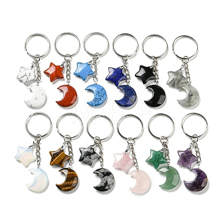 Reiki Natural & Synthetic Mixed Gemstone Moon & Star Pendant Keychains KEYC-P015-02P-1