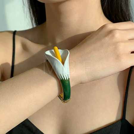 Alloy Enamel White Flower Hinged Cuff Bangles for Women WG1B8A2-02-1