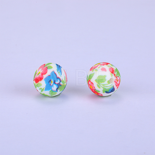 Printed Round with Flower Pattern Silicone Focal Beads SI-JX0056A-116-1