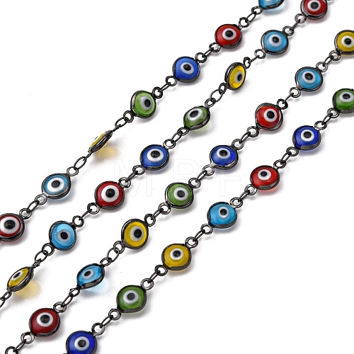 Handmade Flat Round Brass Lampwork Evil Eye Beaded Chains CHC-P002-01B-1