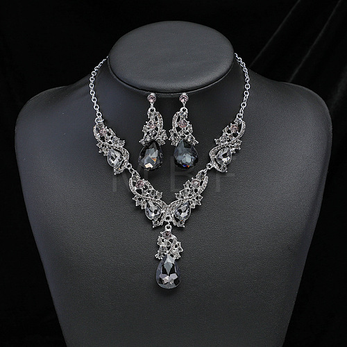 Teardrop Alloy Rhinestone Pendant Necklaces & Stud Dangle Earrings Sets FS-WGB9BB4-07-1