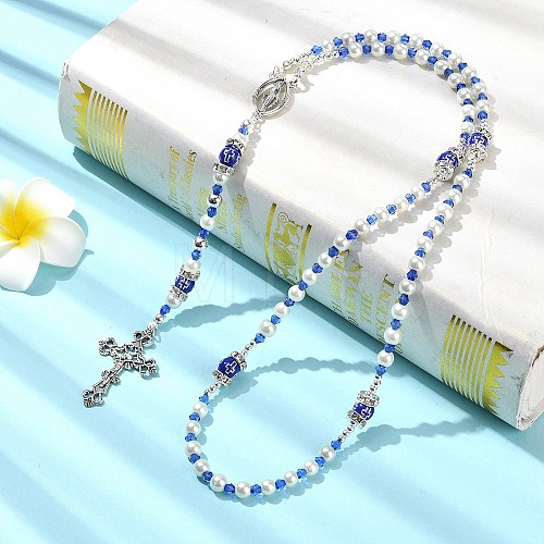 Cross & Virgin Mary Alloy Rosary Bead Necklaces NJEW-JN05123-03-1